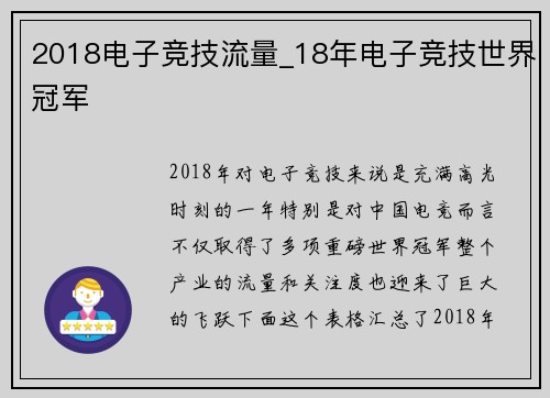 2018电子竞技流量_18年电子竞技世界冠军